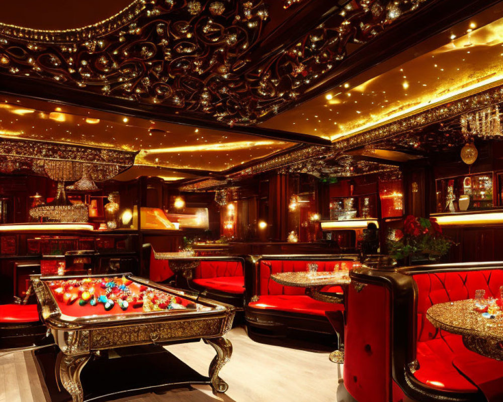 Luxurious Billiard Room with Red Upholstered Seating and Ornate Black & Gold Ceiling