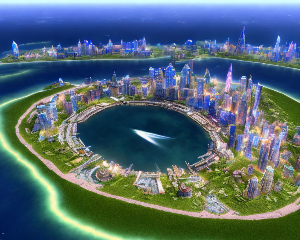 Futuristic cityscape with skyscrapers, greenery, water bodies, and blue skies