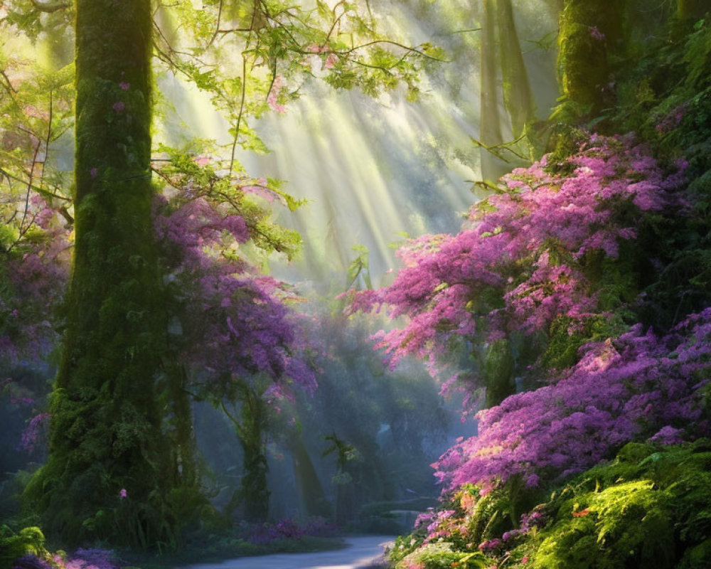 Sunlit Path Through Vibrant Forest with Pink Flowering Shrubs