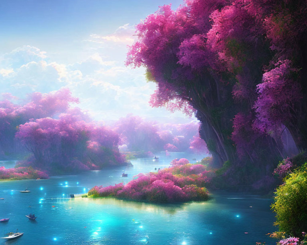 Tranquil river scene with boats, glowing lights, pink trees, and crescent moon