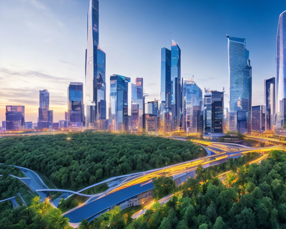 Modern city skyline at twilight with illuminated skyscrapers and lush park.