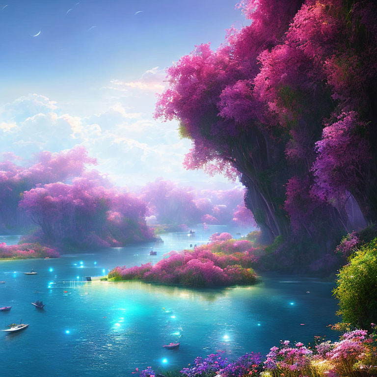 Tranquil river scene with boats, glowing lights, pink trees, and crescent moon