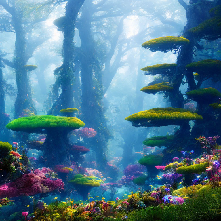 Enchanting forest with towering trees, oversized mushrooms, and colorful flowers