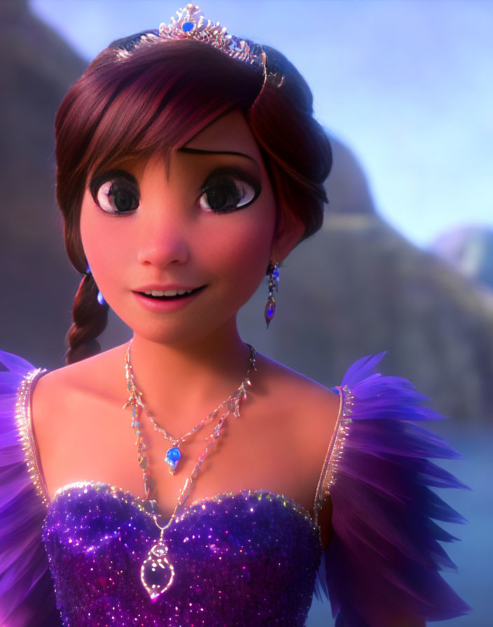 Smiling female character in purple dress with tiara and earrings