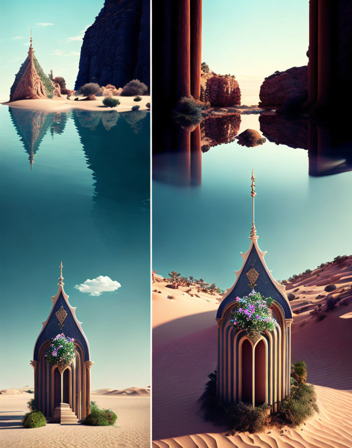 Digital art: Gothic-style structure in desert scenes