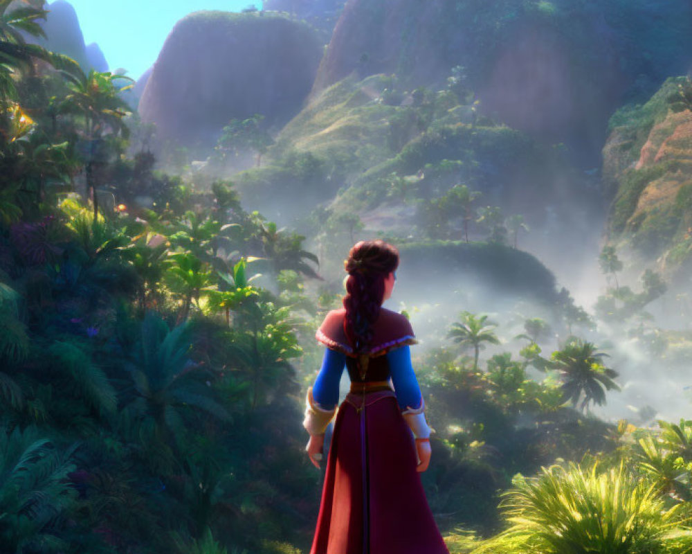 Young woman in vibrant red and blue outfit on lush path overlooking misty tropical valley.