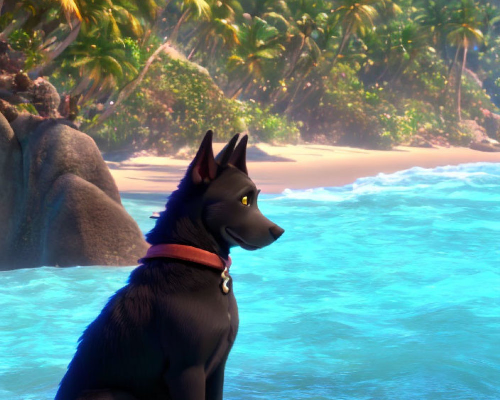 Black Dog with Red Collar Sitting on Rock Overlooking Tropical Beach