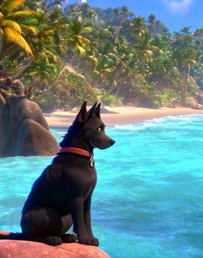 Black Dog with Red Collar Sitting on Rock Overlooking Tropical Beach