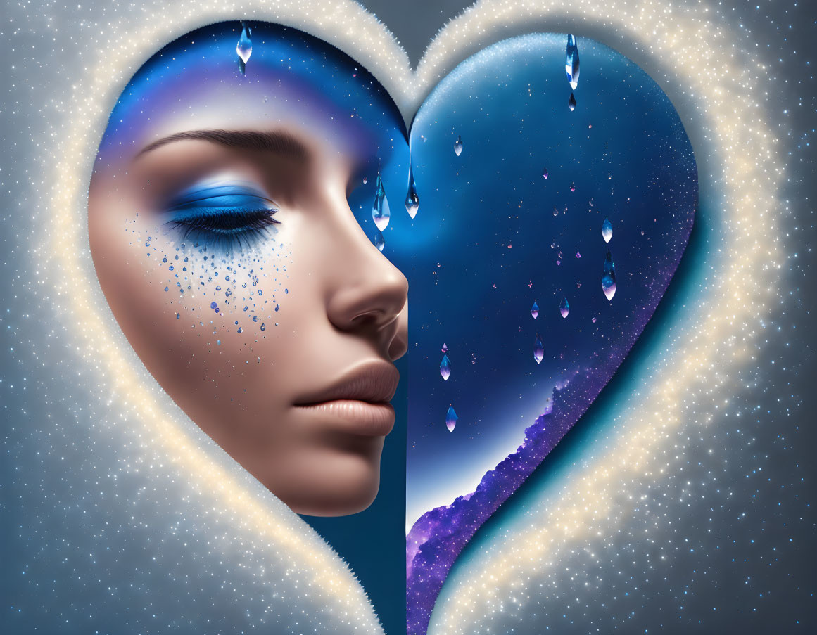 Cosmic-themed digital art: woman's face with blue makeup in heart-shaped space, teardrops