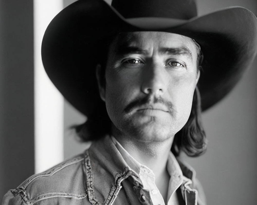 Monochrome portrait of man in cowboy hat and denim shirt