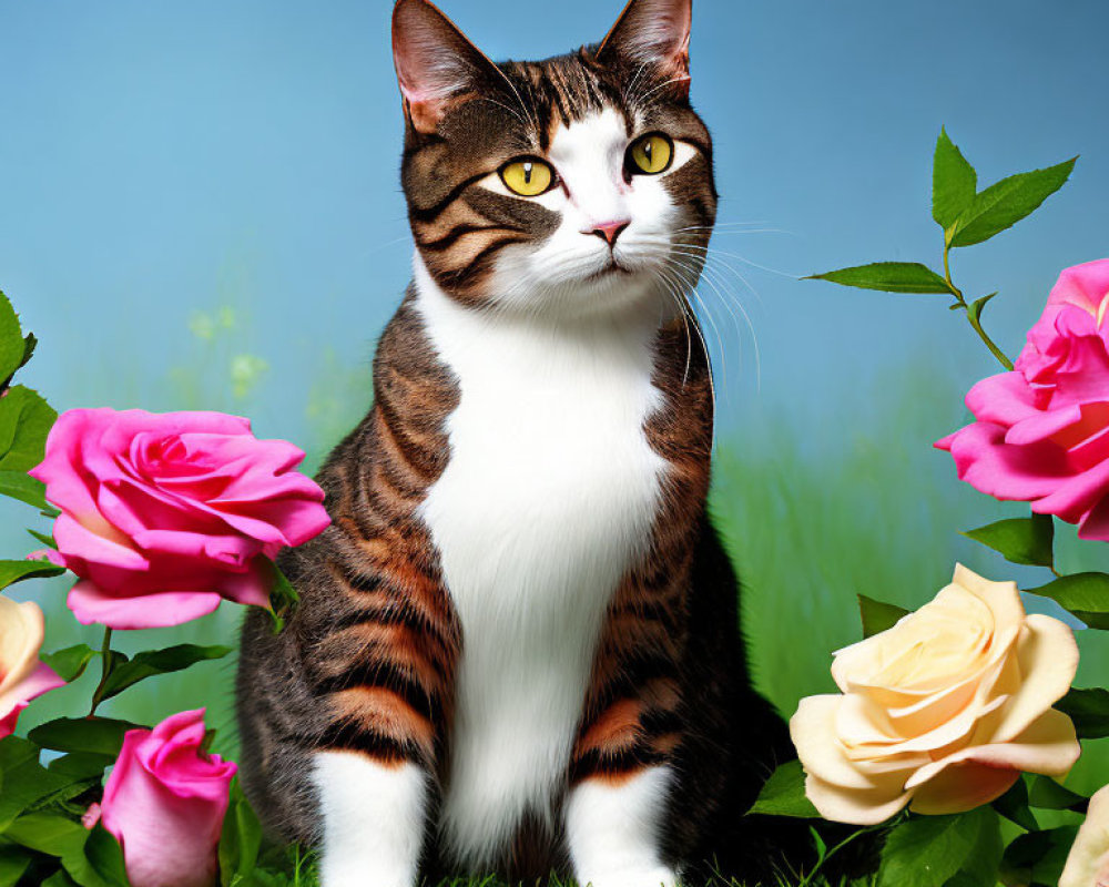 Tabby and White Cat Posed with Pink and Cream Roses on Blue Background