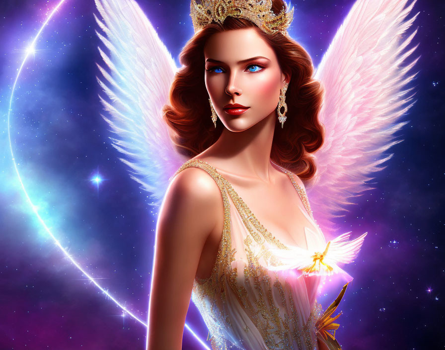 Illustrated woman with angelic wings and glowing crown in cosmic backdrop.