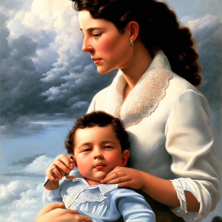 Classic Painting Style: Woman in White Blouse Holding Child