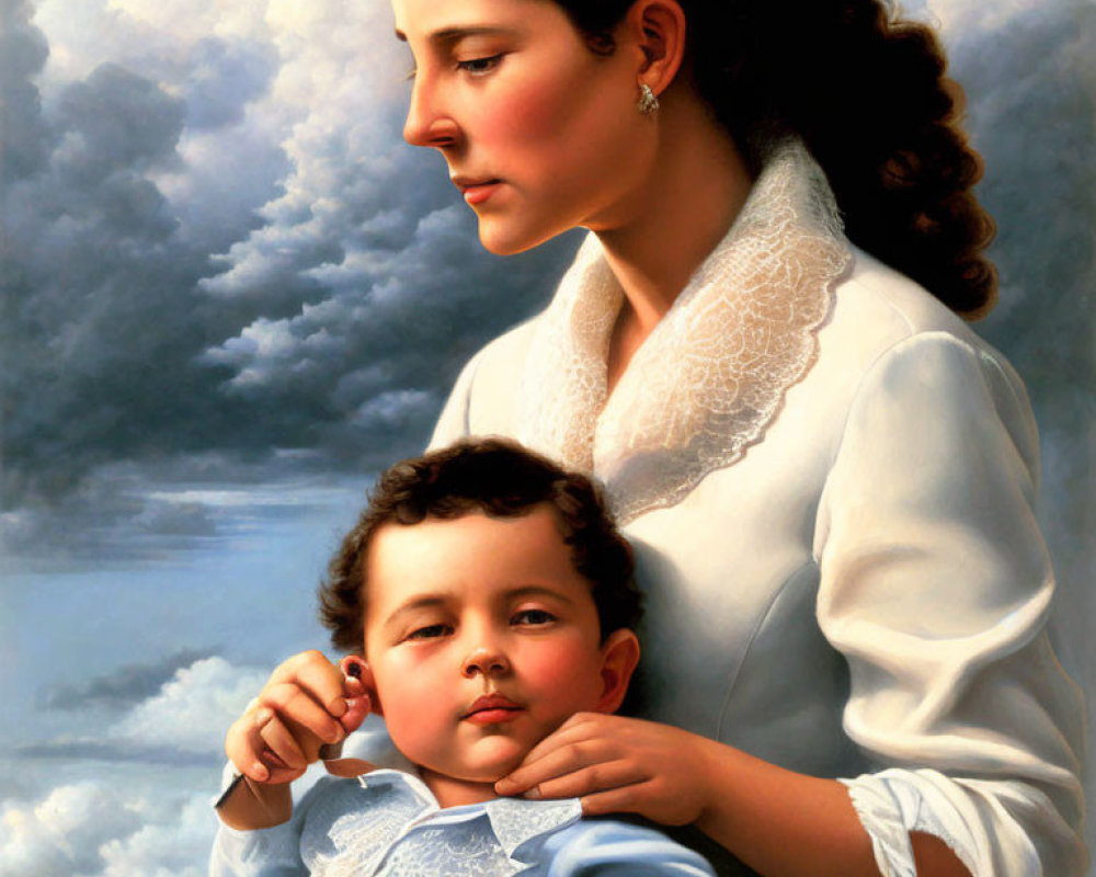 Classic Painting Style: Woman in White Blouse Holding Child