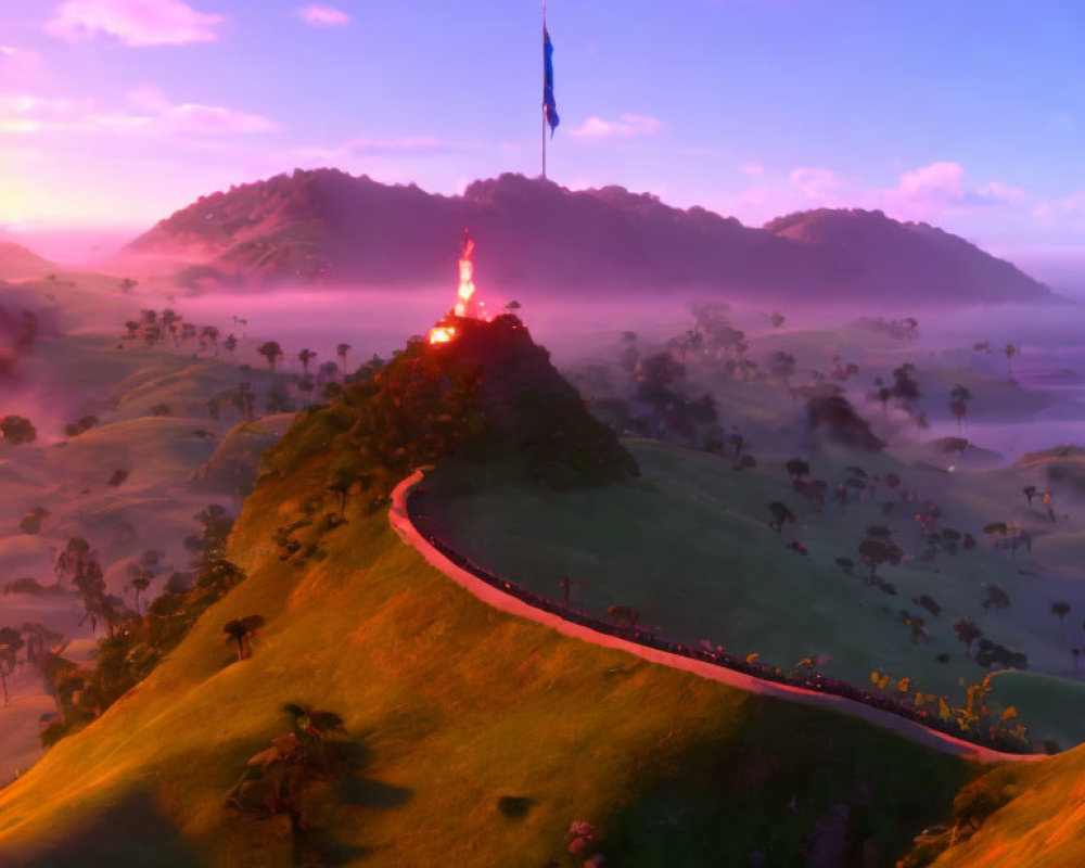 Sunset hilltop beacon with flag and misty rolling hills