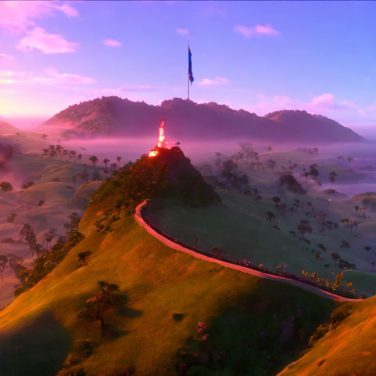 Sunset hilltop beacon with flag and misty rolling hills