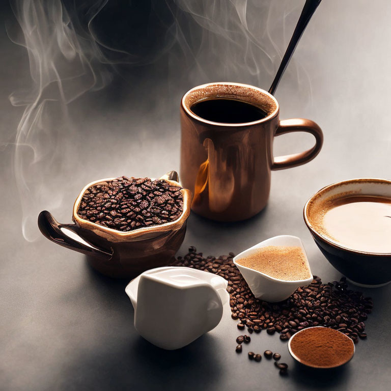 Coffee-themed Still Life Composition with Mug, Beans, Cow-shaped Jug, Cups, and Spoon on Sm
