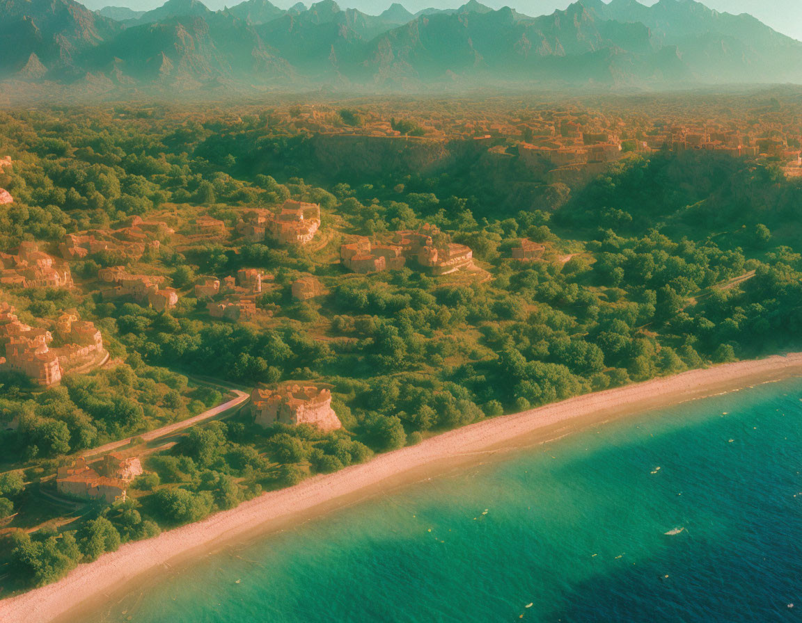 Aerial View of Coastal Landscape with Curving Road and Greenery