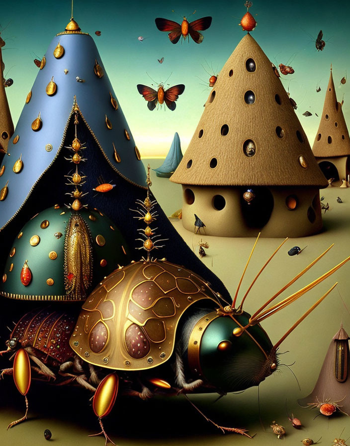 Surreal Artwork: Beetle-like Creatures and Fantasy Hives with Butterflies