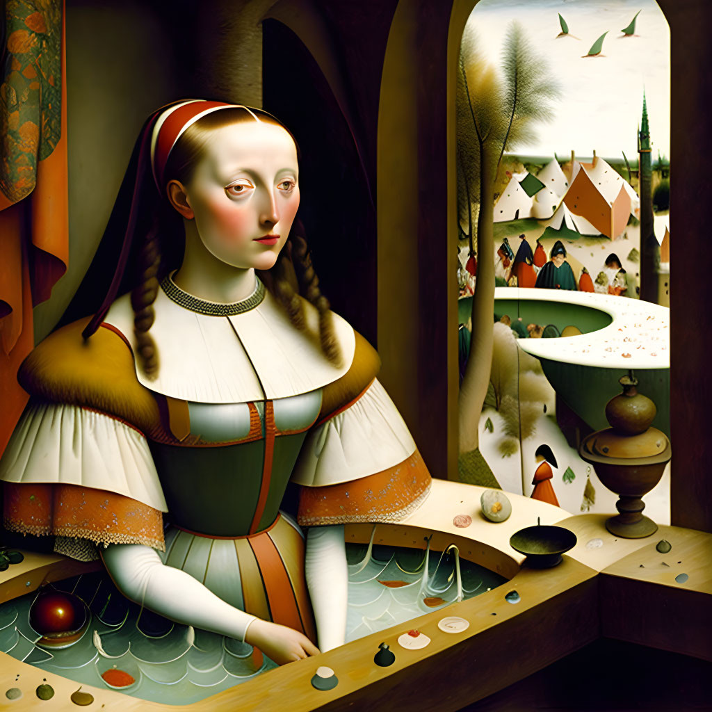 Surreal portrait of woman with elongated neck in renaissance-style dress