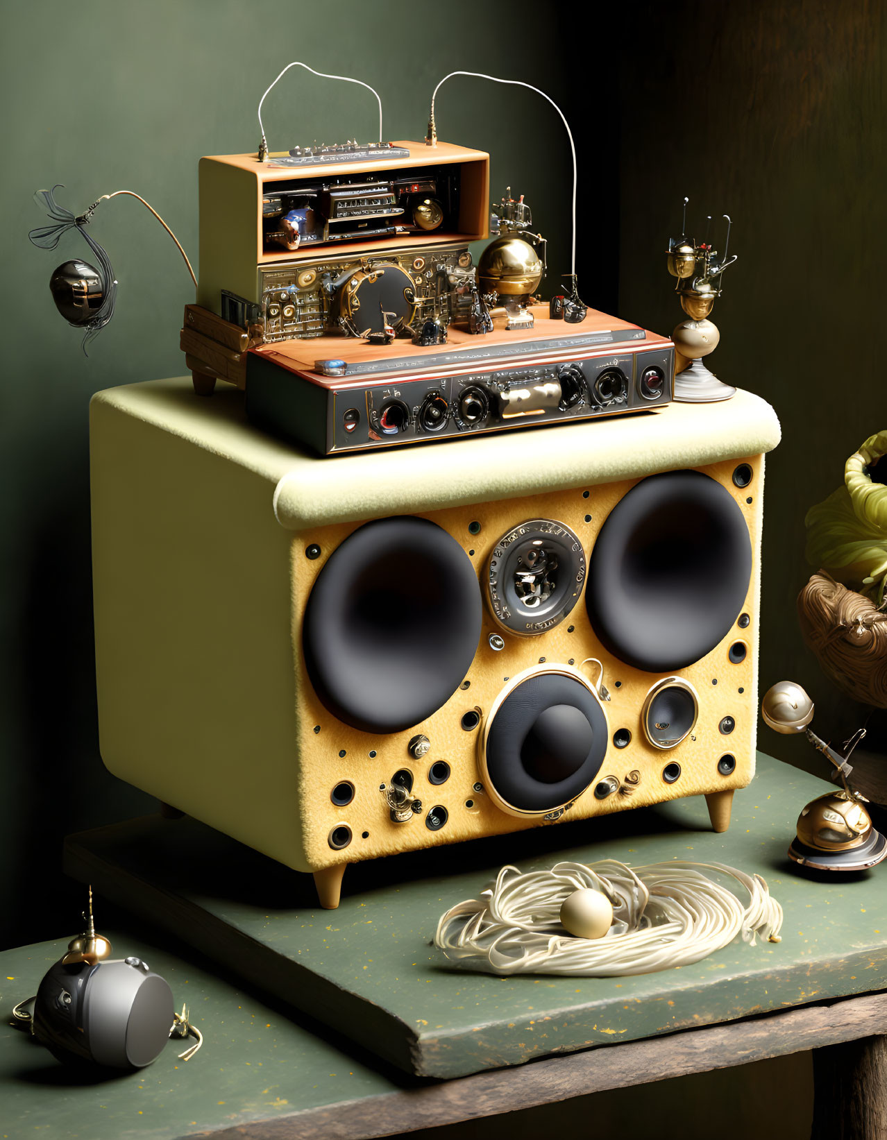 Vintage Steampunk Audio Equipment Setup with Brass Accents