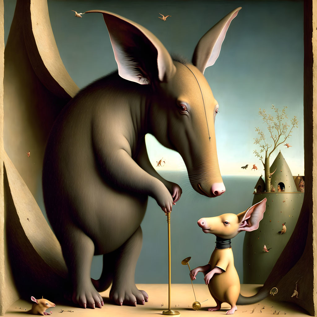 Anthropomorphic aardvarks in surreal landscape illustration