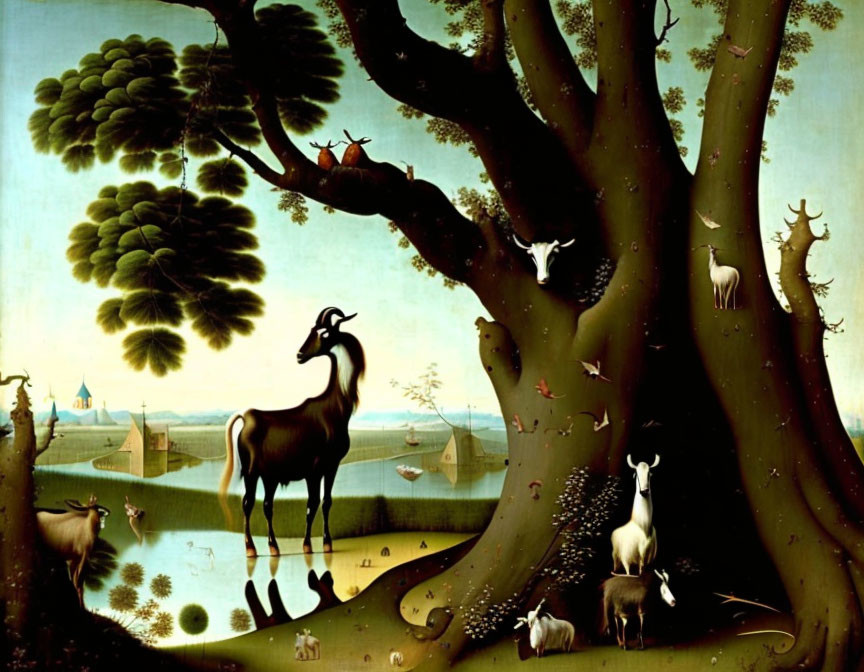 Landscape painting with goats, trees, and tents under blue sky