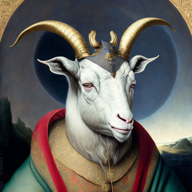 Surreal painting of goat in renaissance attire against moody landscape