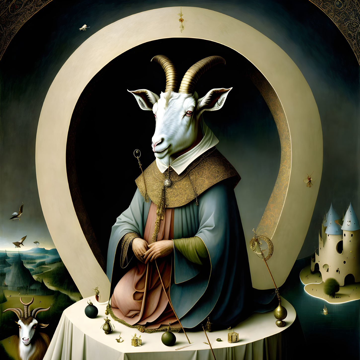 Surreal Renaissance painting: Goat-headed figure in circular frame with goats and castles.