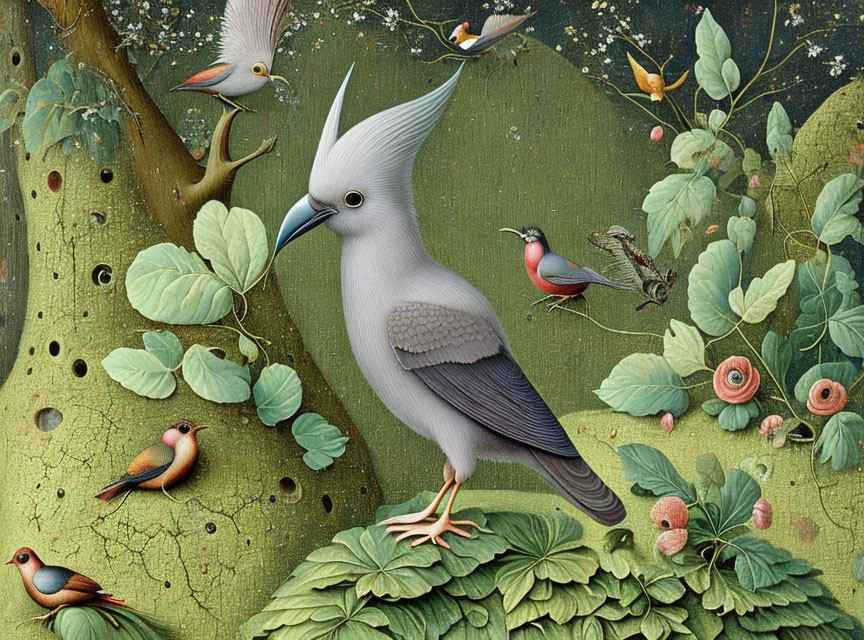 Detailed Illustration of Exotic Birds with White Crested Bird in Lush Greenery