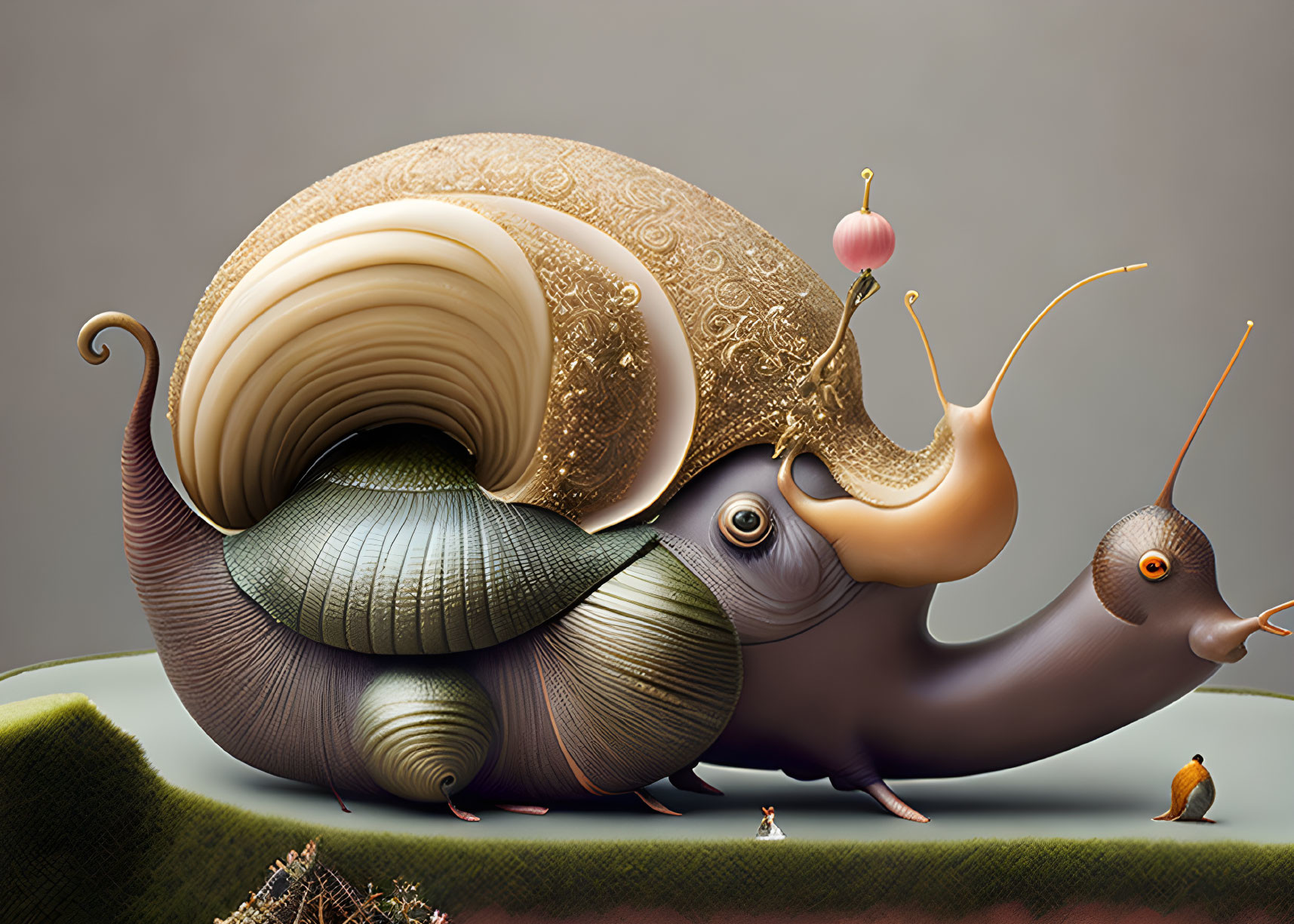 Whimsical illustration of snail with ornate shell riding elegant creature.