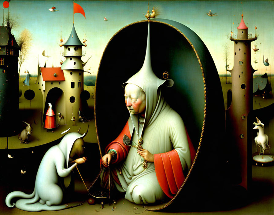 Surreal painting of knight playing board game with mythical creature in fantastical setting