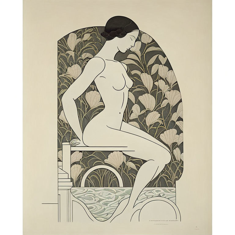 Art Deco Seated Nude Woman Illustration with Stylized Plant Patterns