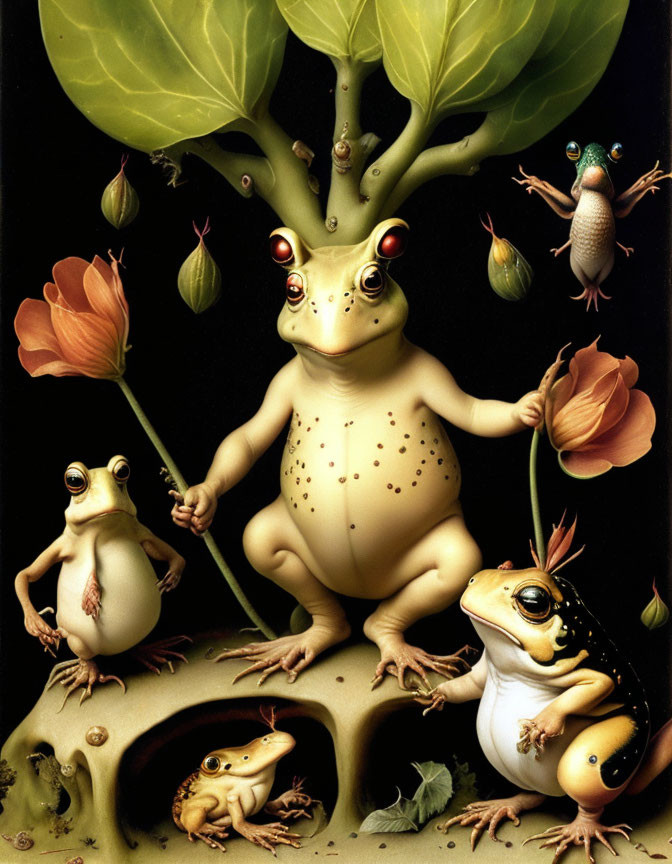 Anthropomorphic Frogs in Fantasy Scene with Plants and Insects