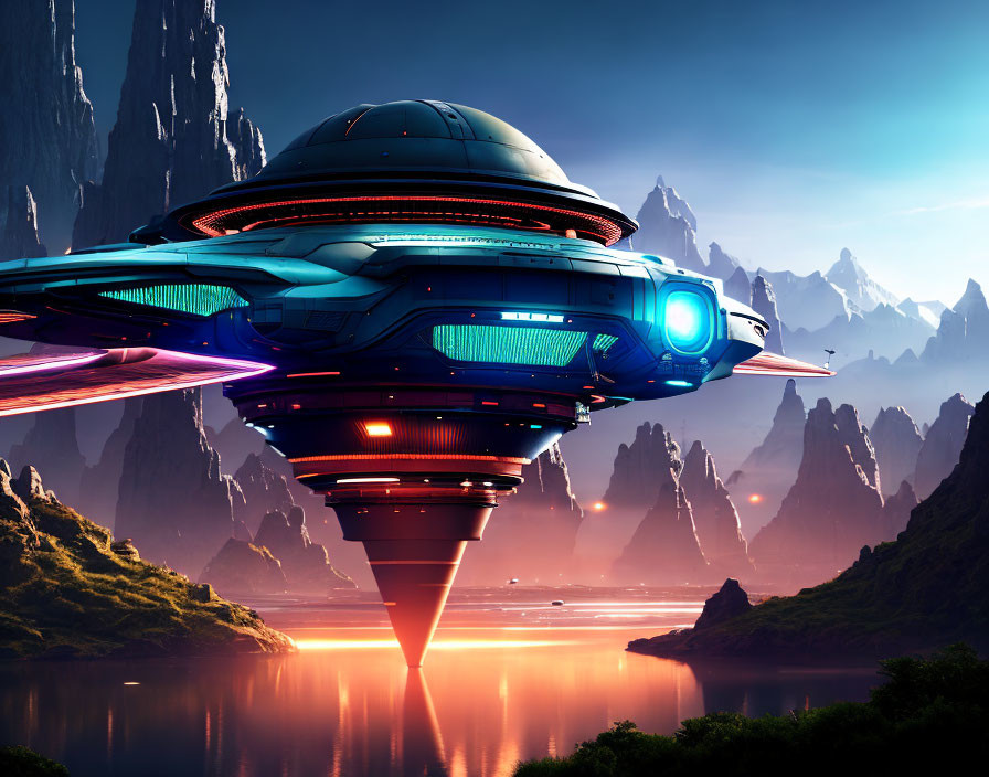 Futuristic spaceship over serene lake with mountains at dusk