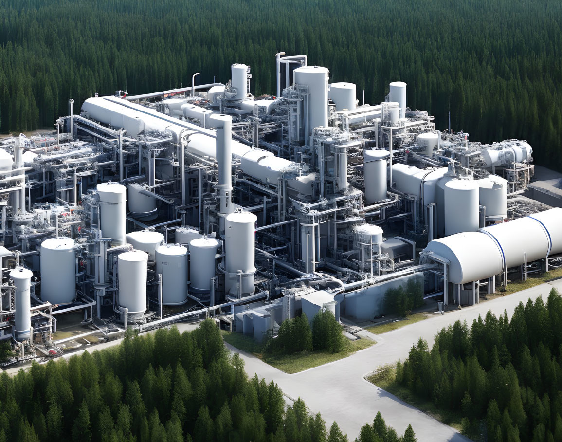 Industrial complex with storage tanks and piping in forest setting