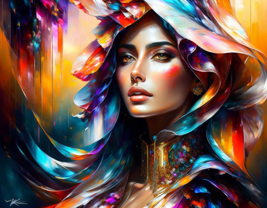 Colorful digital artwork: Woman with flowing hair on abstract background