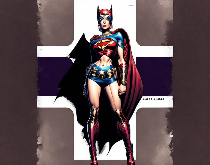 Female superhero illustration in red and blue costume with Superman emblem, mask, cape, and star-spangled