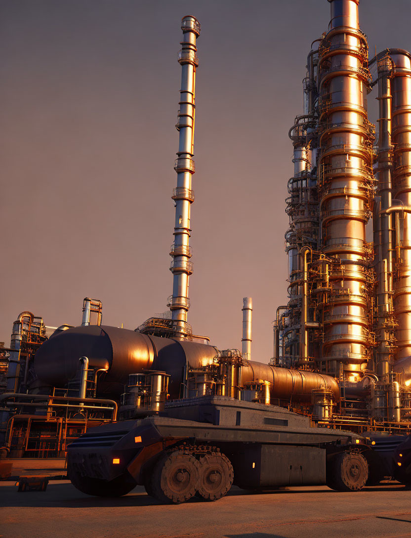 Industrial facility at night with illuminated distillation towers, pipes, tanks, and armored vehicle.