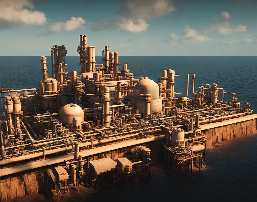 Industrial offshore oil and gas rig with tanks, pipes, and structures on calm ocean at sunset