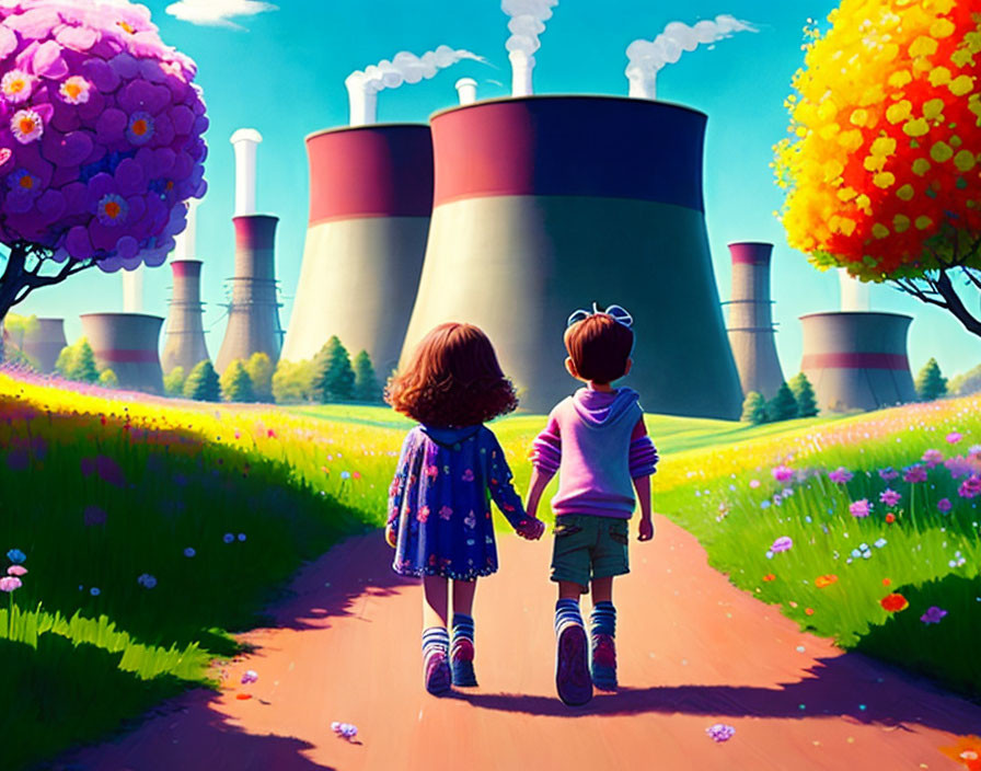 Children walking towards cooling towers in colorful landscape.