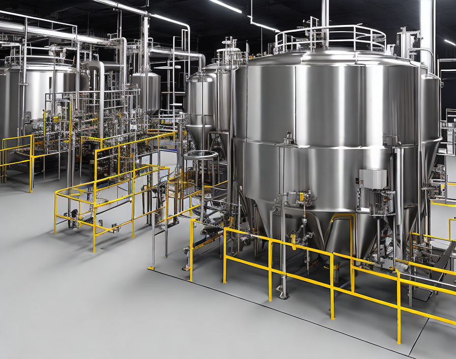 Modern Brewery Interior with Stainless Steel Tanks and Yellow Safety Railings