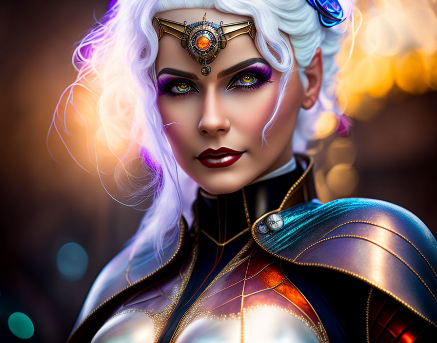 Fantasy-themed portrait of a woman with white hair and glowing headpiece in futuristic armor on bokeh