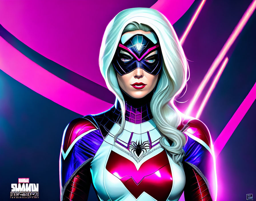 Female superhero with white hair and spider emblem in neon-lit scene