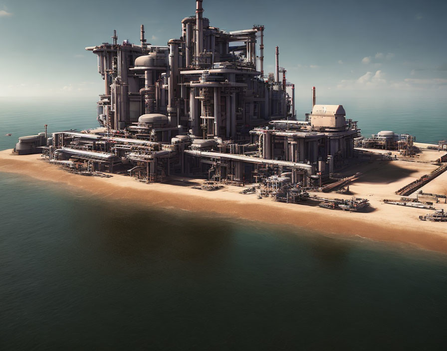 Industrial complex with structures and pipes on sandy shoreline