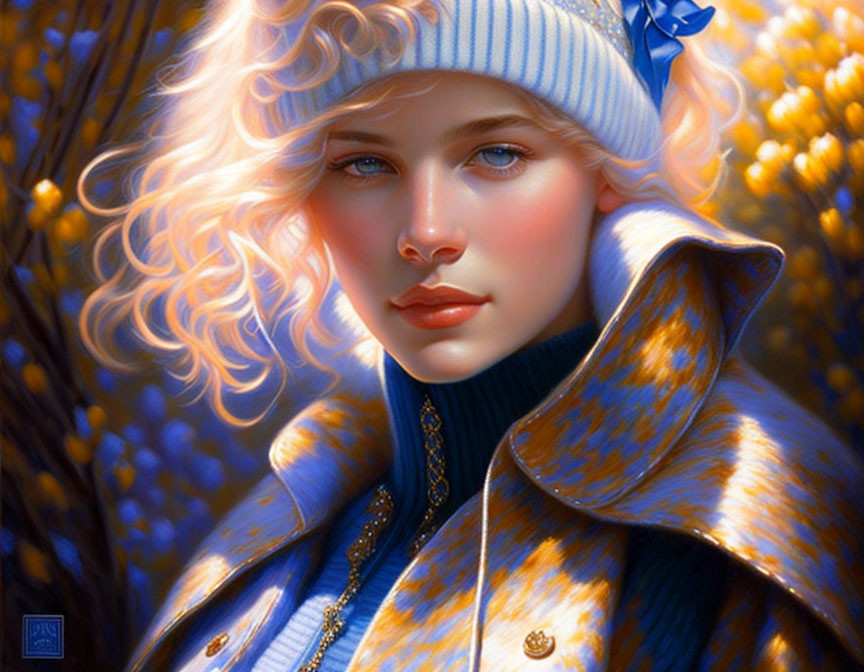 Blond woman in white hat and blue coat among golden foliage