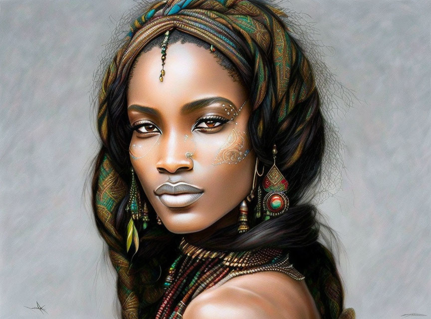 Intricate digital portrait of woman with face paint, headscarf, and earrings