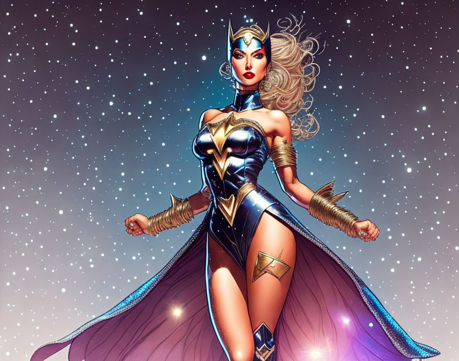 Female superhero illustration with golden tiara, arm bracelets, blue and gold costume, and starry background