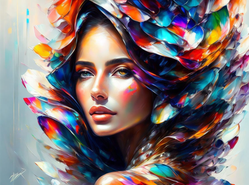 Colorful digital portrait of a woman with multicolored feather hair adornments