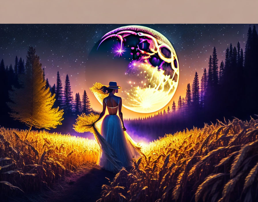 Woman standing in wheat field under glowing crescent moon at night